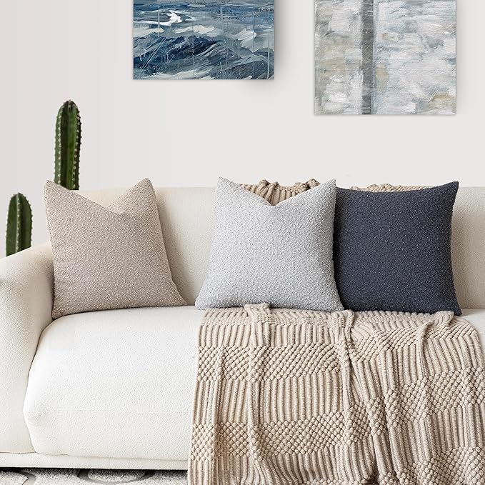 Foindtower Pack of 2 Textured Boucle Throw Pillow Covers Accent Solid Decorative Pillow Cases Cozy Woven Couch Cushion Case for Chair Sofa Bedroom Living Room Home Decor, 20 x 20 Inch,Light Grey