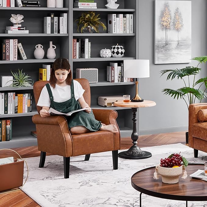 Yaheetech Modern Armchair, Mid Century PU Leather Accent Chair with Sturdy Wood Legs and High Back for Small Space, Upholstered Sofa Club Chair for Living Room/Bedroom/Office, Retro Brown