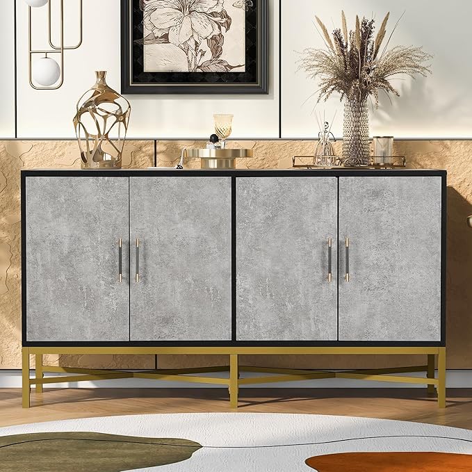 Merax Sideboard Buffet Cabinet with Storage, 4 Door Modern Cupboard w/Cross-Leg Design, Console Table for Kitchen, Dining/Living Room, Grey