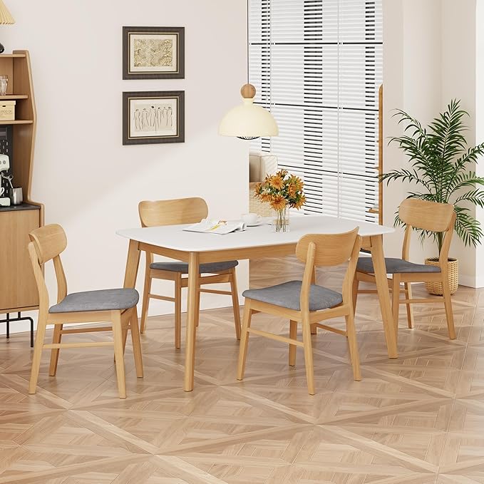 Merax 5-Piece Dining Set, Solild Wood Table & Chairs with Backrests for 4, Farmhouse Natural Kitchen Furniture for Home, Dining Room, Natural Oak+Gray