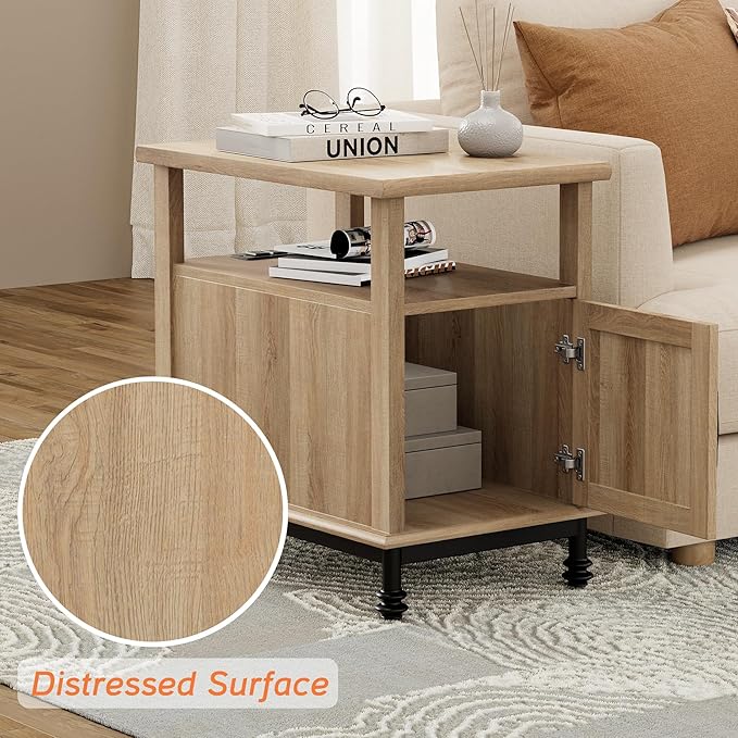 WAMPAT Set of 2 End Tables with Charging Station, Sofa Side Tables with Storage Cabinet for Living Room, Light Wood Bedside Table with Metal Leg, Nightstand for Bedroom, Oak