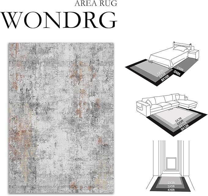 8x10 Washable Area Rug Grey Rust Modern Neutral Abstract Living Room Bedroom Indoor Floor Carpet Low Pile Soft Non-Slip Lightweight Vacuumable Large Throw Rug for Kitchen Dining Room