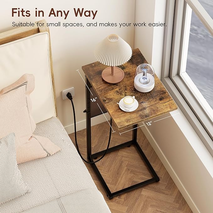 Vagusicc C Shaped End Table with Charging Station, Adjustable Height Side Table for Couch, Small Sofa Table with Storage Bag, Slide Under Sofa TV Tray Snack Arm Tables for Living Room, Bedroom, Brown