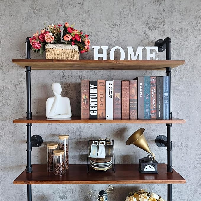 7 Tier Industrial Ladder Shelf Bookcase, Wall Mounted Rustic Bookshelf for Living Room Decor and Storage (Walnut Color, 7 Tier - 10" D x 36" W x 95.5" H)