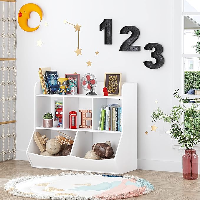 UTEX Toy Storage Organizer with Bookcase, Kid’s Multi Shelf Cubby for Books,Toys, Storage Organizer for Boys,Girls Play Room/Bedroom-White