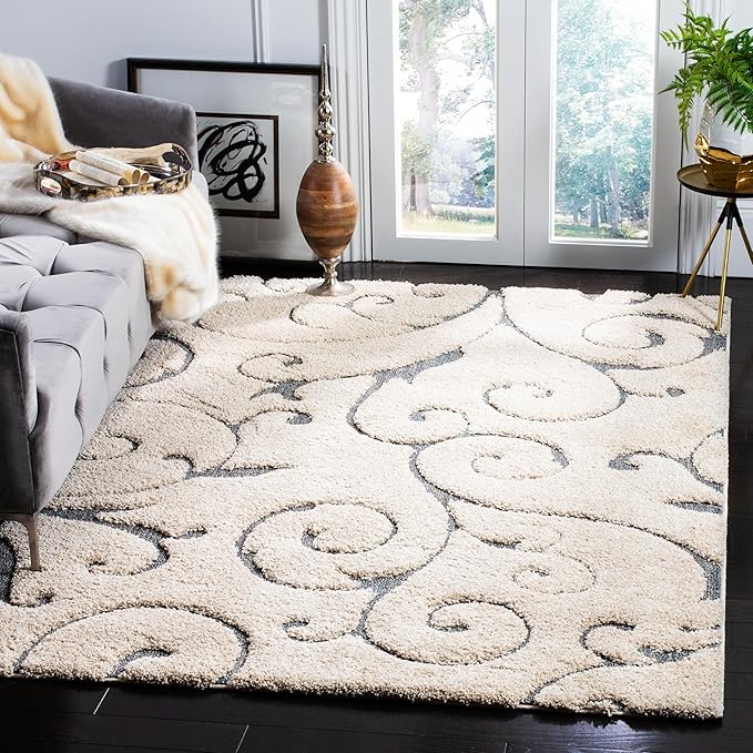 SAFAVIEH Florida Shag Collection Area Rug - 5'3" x 7'6", Beige & Blue Grey, Scroll Design, Non-Shedding & Easy Care, 1.2-inch Thick Ideal for High Traffic Areas in Living Room, Bedroom (SG455-1155)