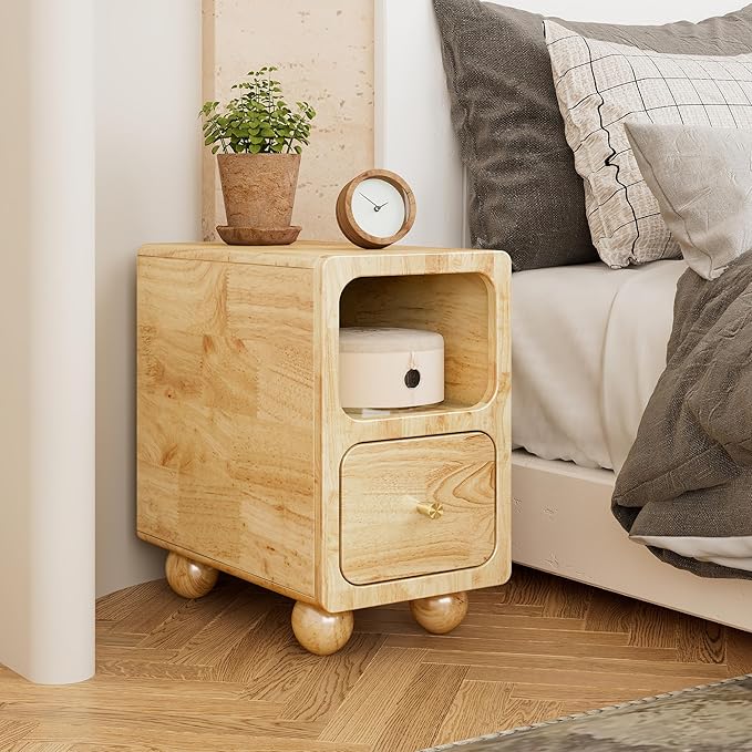 Solid Wood Night Stand, Narrow Nightstand with Drawers, Natural Mid Century Modern Nightstand, Small Beside Table with Open Storage Shelf for Bedroom (10 inch)