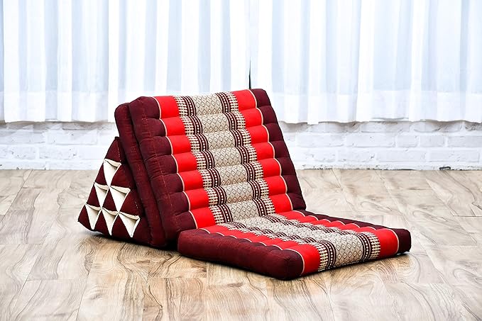 Leewadee - Comfortable Japanese Floor Mattress - Thai Floor Bed with Triangle Cushion - Futon Mattress - Thai Massage Mat, 67 x 21 inches, Red, Kapok Filling