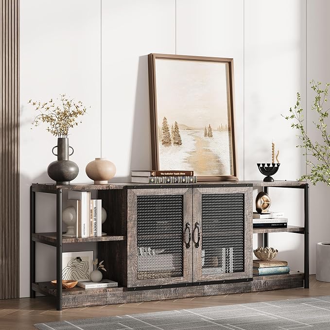 GarveeHome Farmhouse TV Stand for 65/75 inch TV, Entertainment Center with Storage Cabinet, Industrial TV Console Cabinet with Mesh Doors, 63" Rustic TV Media Console Table for Living Room, Oak