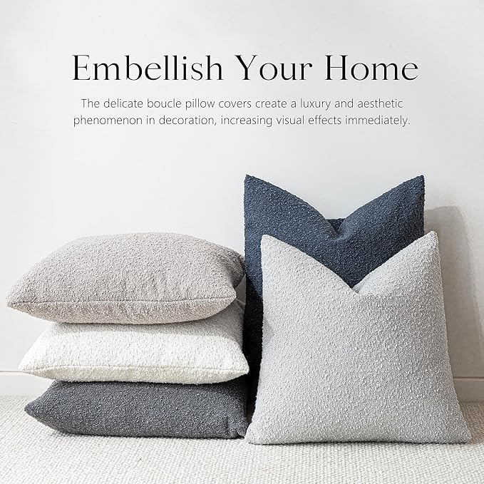 Foindtower Pack of 2 Textured Boucle Throw Pillow Covers Accent Solid Decorative Pillow Cases Cozy Woven Couch Cushion Case for Chair Sofa Bedroom Living Room Home Decor, 18 x 18 Inch,Light Grey