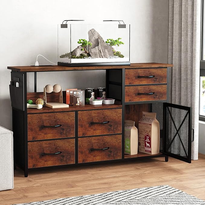 TV Stand Dresser for Living Room, LED TV Stand with 6 Drawers and Lights for Bedroom, Up to 50 inch TV, Long and Wide Dresser Storage Table with Metal Door, Rustic Brown
