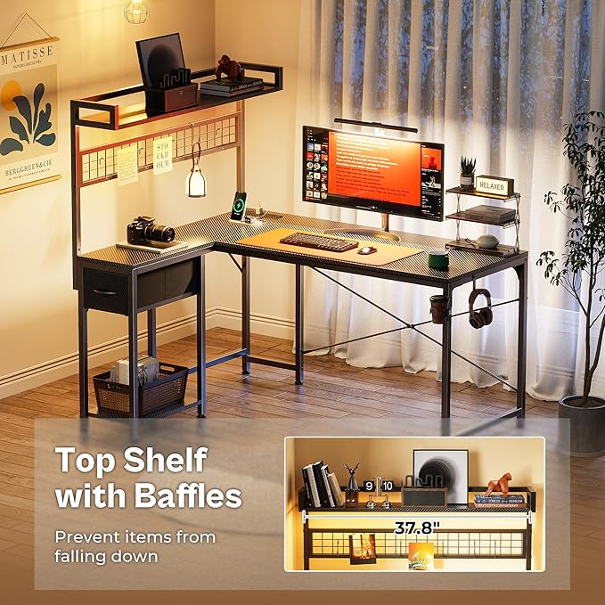 PRAISUN L Shaped Gaming Desk with Shelves, Corner Computer Table with LED Lights, Power Outlets and USB-C Ports, 50 Inch Home Office Desk with Storage Drawer, for Work and Study, Carbon Fiber Black