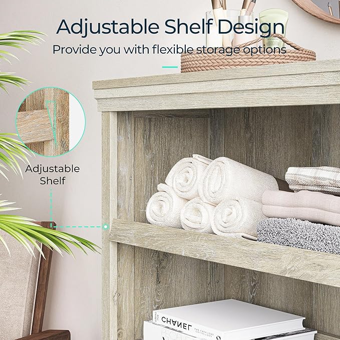 LINSY HOME 3-Tier Bookcase and Bookshelf, Small Wood Display Storage Shelves Farmhouse Bookshelf for Home Office, Living Room, Bed Room - Washed Grey