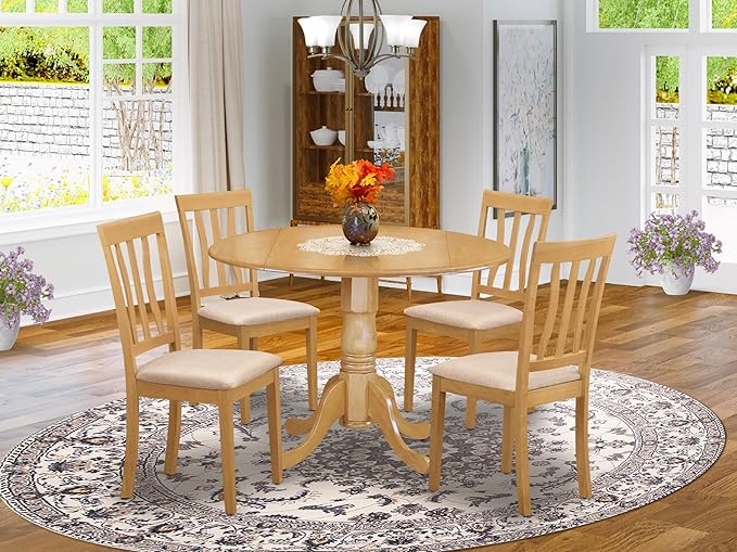 East West Furniture DLAN5-OAK-C 5 Piece Kitchen Table Set for 4 Includes a Round Dining Room Table with Dropleaf and 4 Linen Fabric Upholstered Dining Chairs, 42x42 Inch, Oak