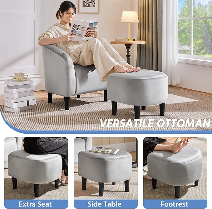 Yaheetech Accent Chair with Ottoman Set, Modern Upholstered Soft Barrel Chair with Footstool, Comfy Fabric Armchair and Footrest for Living Room/Bedroom/Reading Room/Guestroom, Gray