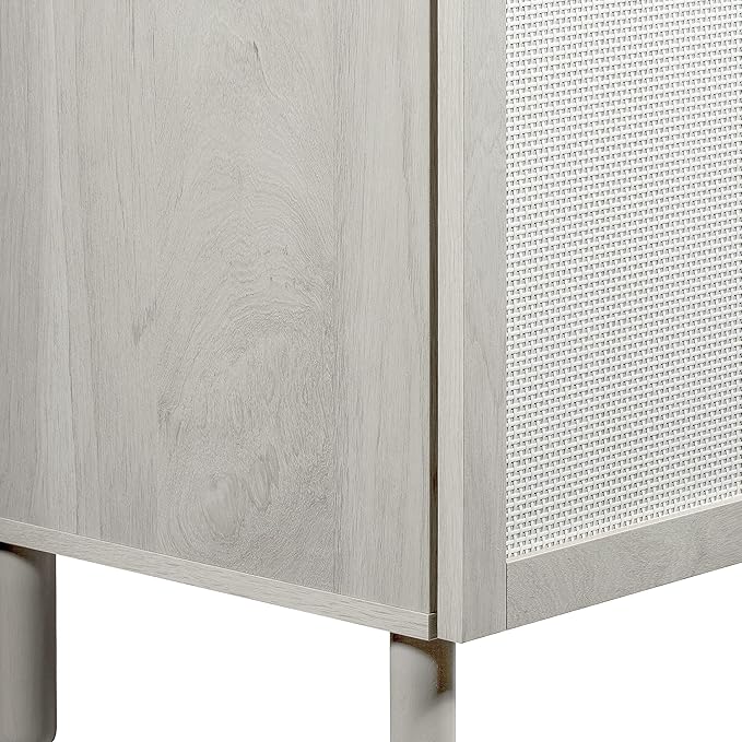 Sango Orre 2-Door Cabinet, Modern White Storage Cabinet with Synthetic Rattan Door Panels, Adjustable Shelf, Cylindrical Wood Legs, Discreet Finger Pulls, Elegant Furniture for Office or Living Room