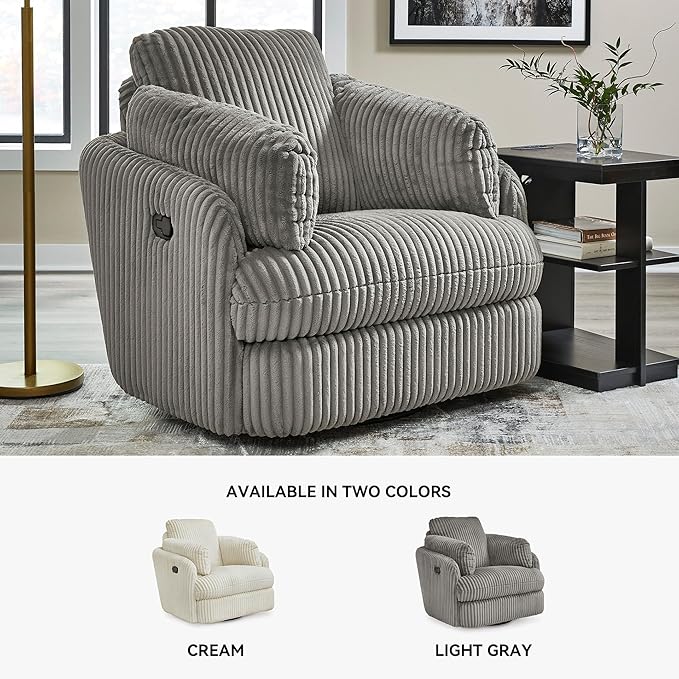 Signature Design by Ashley Tie-Breaker Casual Manual Press-Back Swivel Glider Rocker Recliner with 2 Bolster Pillows and Hidden Storage, Light Gray