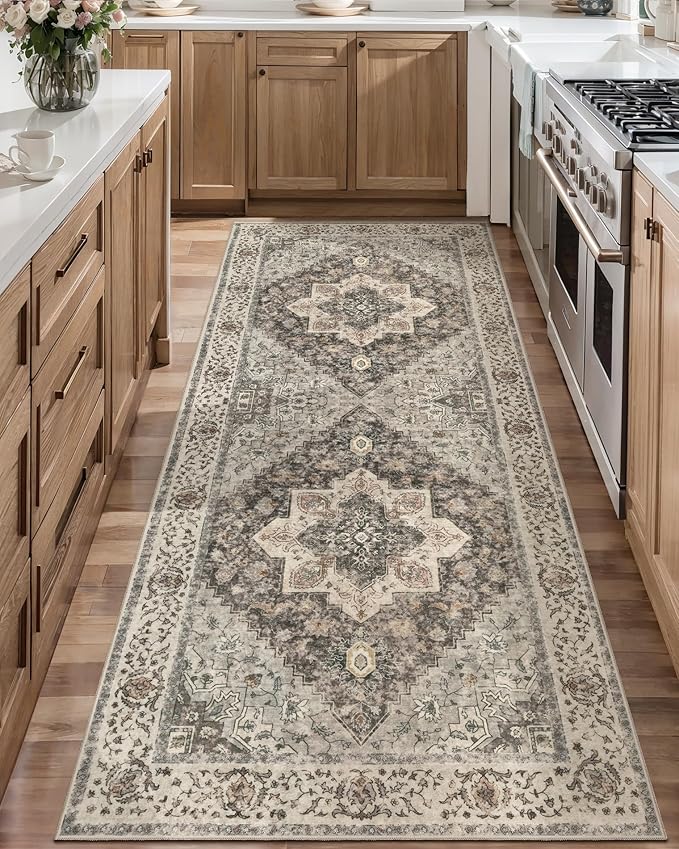 Tangsoo 2x6 Washable Runner Rug for Hallways, Non Slip Vintage Runner, Soft Low Pile Long Rug Runner, Print Distressed Brown/Grey Carpet Runners for Kitchen Bedroom Entryway Bathroom Living Room