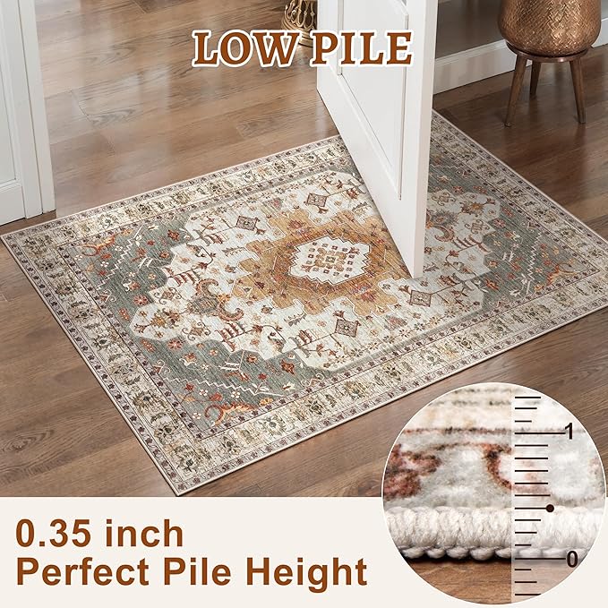 Tangsoo 2.6x8 Washable Runner Rug for Hallways, Non Slip Vintage Runner, Soft Low Pile Long Rug Runner, Print Distressed Turmeric Carpet Runners for Kitchen Bedroom Entryway Bathroom Living Room