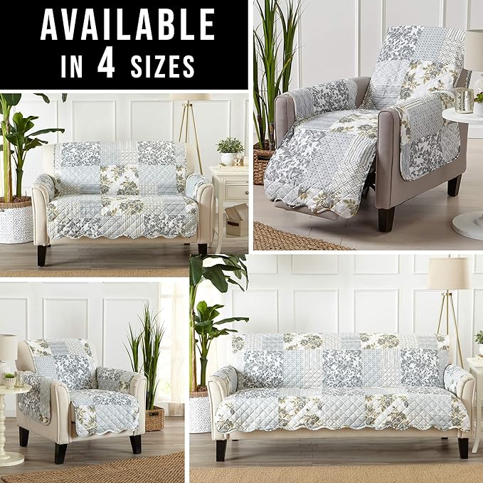 Patchwork Scalloped Printed Furniture Protector Stain Resistant Loveseat Cover (Loveseat, Grey)