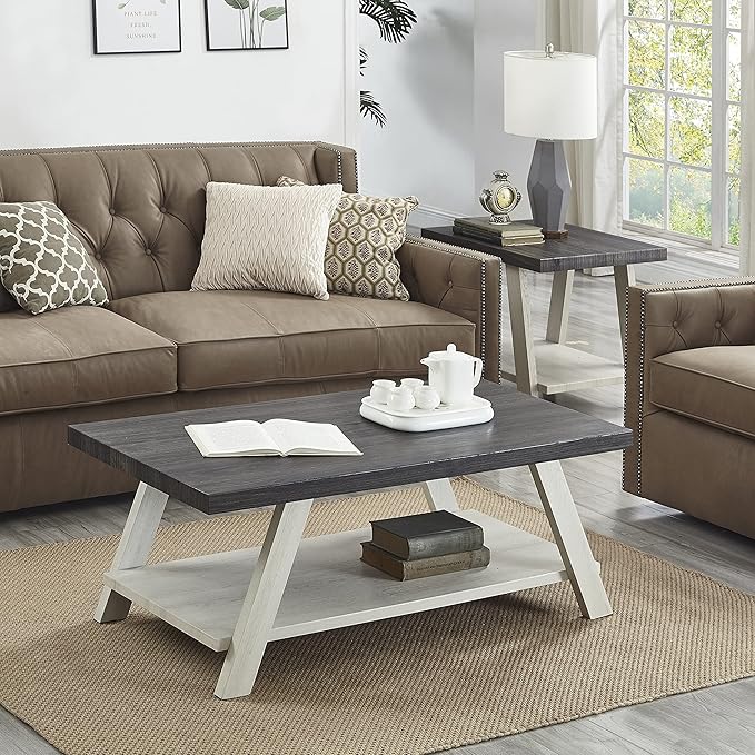 Roundhill Furniture Athens Contemporary 3-Piece Wood Shelf Coffee Table Set, Weathered Charcoal and Beige