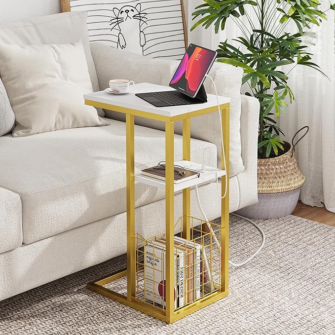 Vagusicc C Shaped End Table with Charging Station, Side Table for Couch, Small Side End Table for Small Spaces, 28" High Slide Under Sofa Table for Coffee, Tv Tray Table for Living Room, Golden