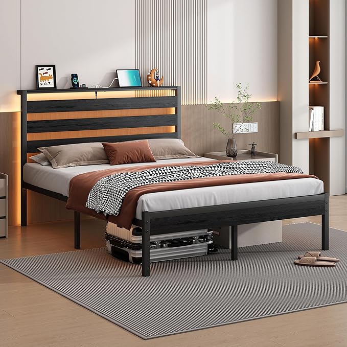 14 Inch Classic Metal Platform Bed Frame-Queen Bed Frame with Headboard,Steel Slats Support-LED Bed Frame with USB Charging Station,Under Bed Storage,No Box Spring Needed,Noise Free