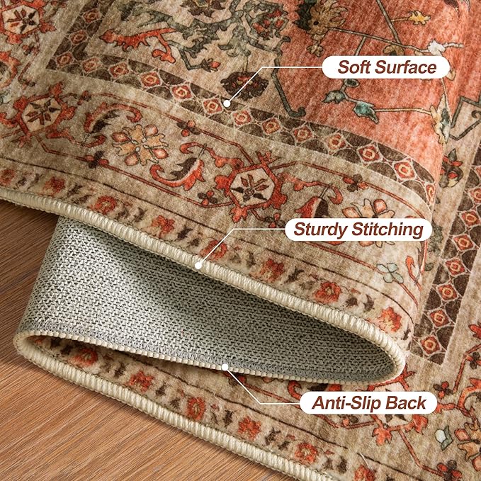 Tangsoo 5x7 Area Rug Washable for Living Room, Vintage Rug Indoor Non Slip Large Area Rugs, Print Distressed Terracotta Carpet, Soft Low Pile Rug Foldable Floor Rugs for Bedroom Dining Room Dorm