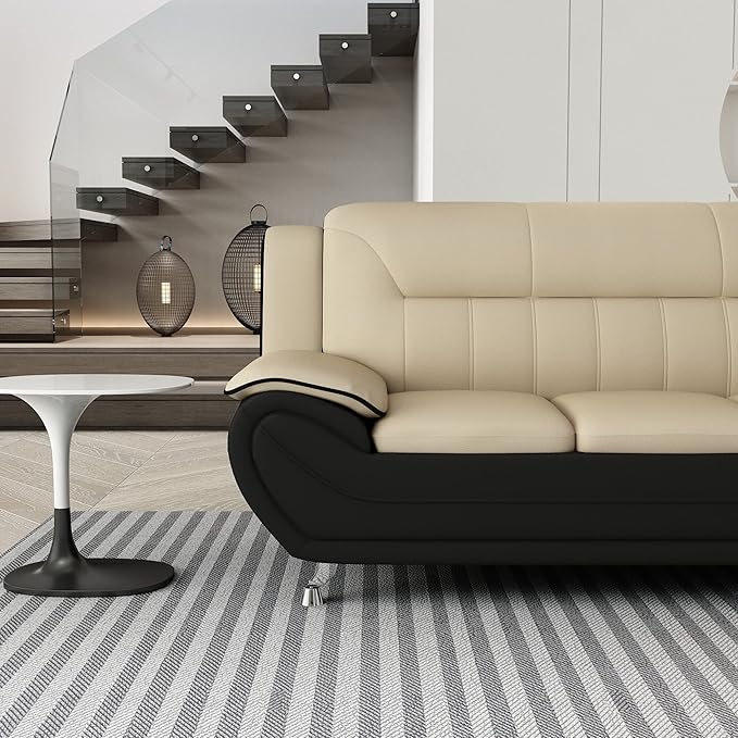Container Furniture Direct Michael Modern Faux Leather Upholstered Stainless Steel Legs Living Room Sofa, Chair, Camel/Black