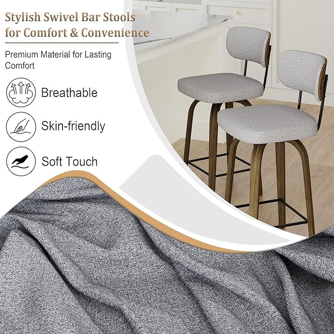 Swivel Counter Height Bar Stools with Back Set of 2, 26" Fabric Upholstered Kitchen Bar Stools with Wood Legs and Metal Footrest for Kitchen Island (Grey Fabric)