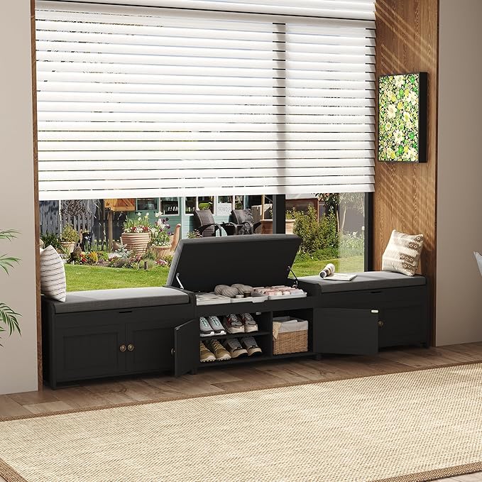 HOMEFORT 30" Shoe Bench with Lift Top Storage, Entryway Bench with Cushioned Seat, Wooden End of Bed Bench, Shoe Cabinet Bench with Hidden Storage Space, for Bedroom, Hallway,Black