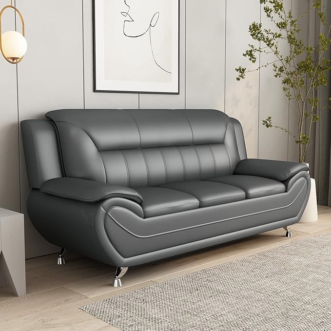 Container Furniture Direct Michael Modern Faux Leather Upholstered Stainless Steel Legs Living Room Sofa, Chair, Sleek Gray