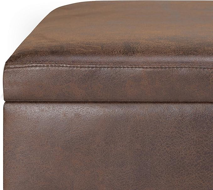 SIMPLIHOME Owen 36 inch Wide Mid Century Modern Small Rectangular Storage Ottoman in Distressed Chestnut Brown Vegan Faux Leather, Assembled, For the Living Room, Entryway and Family Room
