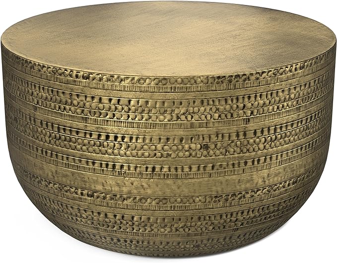 SIMPLIHOME Johnsen 30-inch Wide Metal Drum Coffee Table in Antique Gold, Boho-Style Cocktail Table for Living Room or Family Room, Assembled