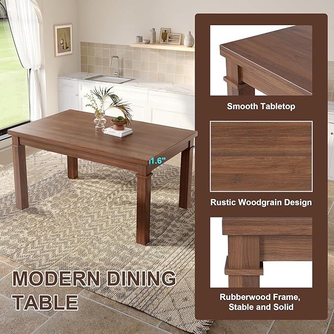 Ball & Cast Dining Table Set for 6 W/Bench & 4 Upholstered Chairs,6 Piece Dining Set W/ 60" Rectangle Kitchen Table & Anti-Scratch Pads,Table and Chairs Set for Living Room,Dining Room,Walnut