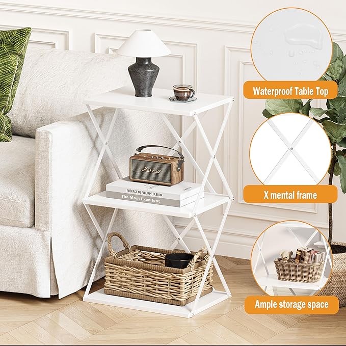 3-Tier End Table Small Side Table Tall Bedside Night Stand with Storage Sofa Side desks for Living Room Bedroom Office Bathroom Small Space White ET-03W