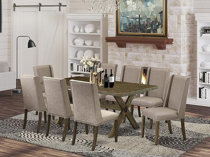 East West Furniture X777FL716-9 9 Piece Dining Table Set Includes a Rectangle Dining Room Table with X-Legs and 8 Dark Khaki Linen Fabric Parsons Chairs, 40x72 Inch, Multi-Color
