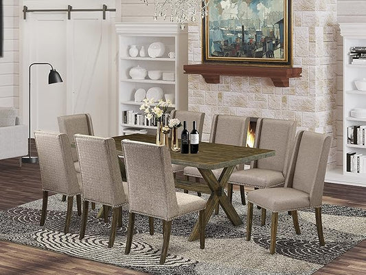 East West Furniture X777FL716-9 9 Piece Dining Table Set Includes a Rectangle Dining Room Table with X-Legs and 8 Dark Khaki Linen Fabric Parsons Chairs, 40x72 Inch, Multi-Color