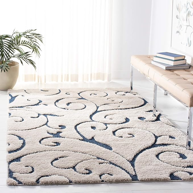 SAFAVIEH Florida Shag Collection Accent Rug - 3'3" x 5'3", Cream & Blue, Scroll, Non-Shedding & Easy Care, 1.2-inch Thick Ideal for High Traffic Areas in Entryway, Living Room, Bedroom (SG455-1165)