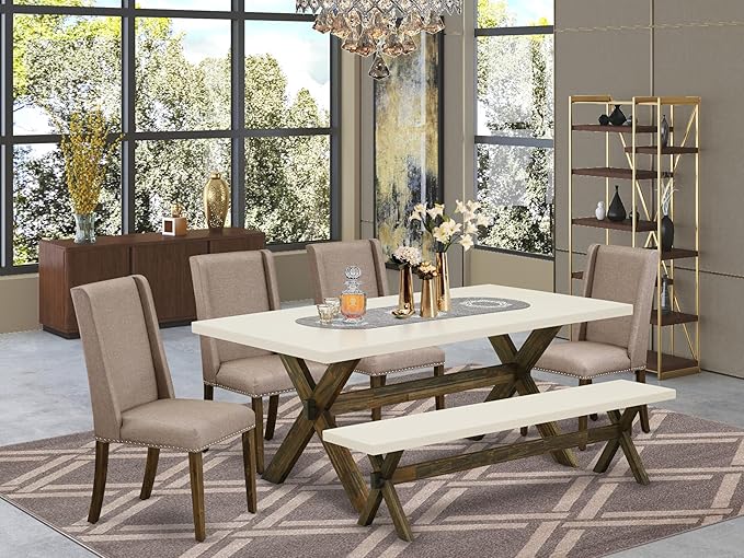 East West Furniture X727FL716-6 6 Piece Dining Set Contains a Rectangle Dining Room Table with X-Legs and 4 Dark Khaki Linen Fabric Parson Chairs with a Bench, 40x72 Inch, Multi-Color
