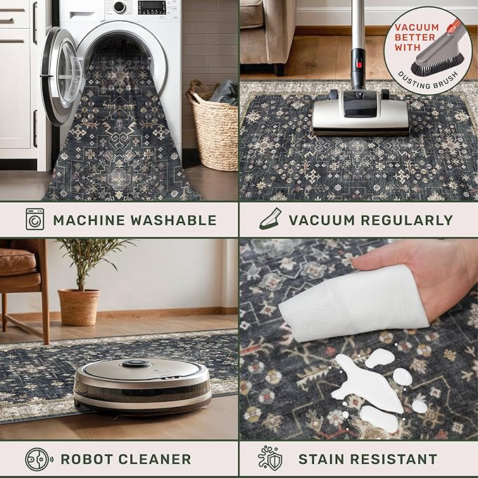 Washable 4x8 Hallway Runner Rug, Black Vintage 8ft Soft Runners for Entry Kitchen Non Slip Low Pile Thin Carpet for Living Room Bedroom Foyer