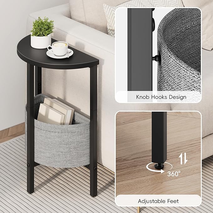 Vagusicc Small Round Side Table End Table, Tall Accent Table with Storage Basket, Set of 2 Half Round Tables Half Moon Tables, Coffee Bedside Tables, Modern Nightstand for Living Room Bedroom, Black