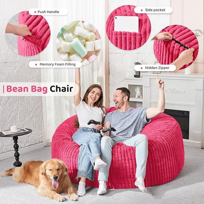 HABUTWAY 5FT Bean Bag Chair, 5' Large Bean Bag Chairs for Adults with Removable Stripe Plush Cover, Memory Foam Beanbag Chair for Living Room Bedroom Dorm (Pink)