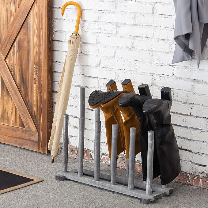 MyGift Coastal Graywashed Solid Wood Floor Standing Boot Holder Rack, Wooden Entryway Shoe Storage Organizer Stand Holds 6 Pairs of Tall and Short Boots