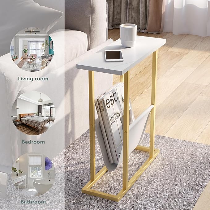 Yusong Small Narrow Side Table for Small Spaces, 17.7" W Slim End Table Magazine Table Nighstand with Storage Holder, Accent Skinny Snack Couch Bedside Table, Gold White, Complete Iron Pipes
