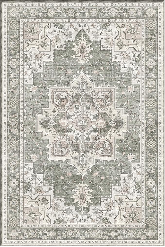 GENIMO 5x7 Area Rugs for Living Room, Machine Washable Non Slip Vintage Rugs, Low Pile Lightweight Chenille Print Rug for Bedroom, Dining Room, Home Office, Moonlight