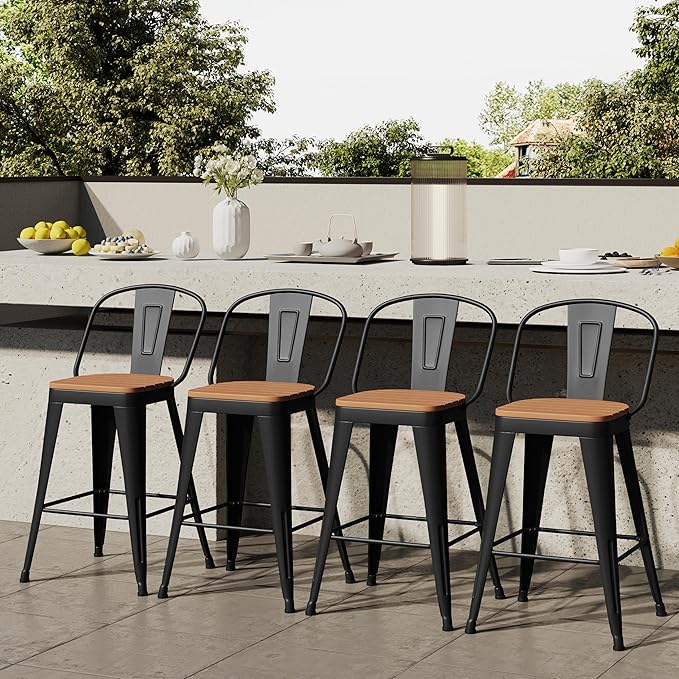 Outdoor Metal Bar Stools Set of 4,30 inch Barstools Counter Height Bar Stool with High Back Farmhouse Kitchen Dining Chairs Bar Funiture for Outside