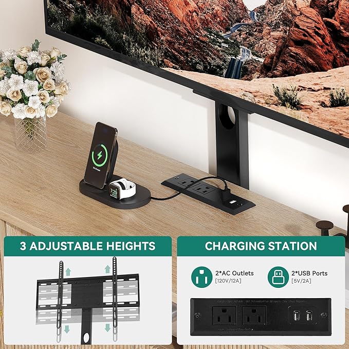 YITAHOME Fluted TV Stands for Living Room with Mount, Modern LED Entertainment Center for 75 Inch TVs, Curved TV Stand with Power Outlets & LED Light, Curved Profile Design, Natural Oak