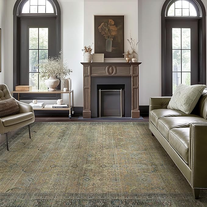 10X12 Area Rugs Machine Washable Rugs for Living Room, Vintage Boho Large Rugs for Bedroom Dining Room, Non Slip Indoor Soft Distressed Lightweight Thin Low Pile Carpet, Vintage Sunset