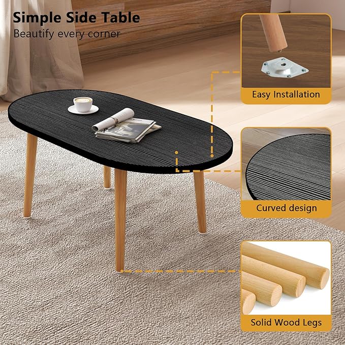 Oval Coffee Table Low Table with 4 Solid Wood Sturdy Legs, Floor Table Desk for Sitting on The Floor, Storage and Living Room Furniture (Black)